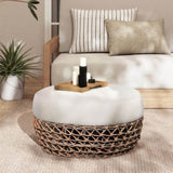 Willow 25" Round Upholstered Woven Patio Ottoman, Golden Brown Wicker Frame, Wheat Beige B2719P305701