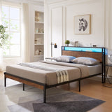 Queen Size Metal Platform Bed Frame with Wooden Headboard and Footboard with USB LINER,LED Lights, W311134462