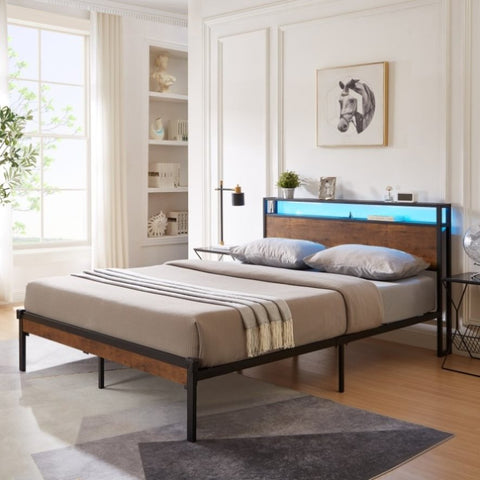 ZUN King Size Metal Platform Bed Frame with Wooden Headboard and Footboard with USB LINER, LED Lights W311134464