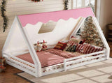 Full Size House Floor Bed with Tent and Light, Solid Wood Teepee Floor Bed with Full-length W1580P369467