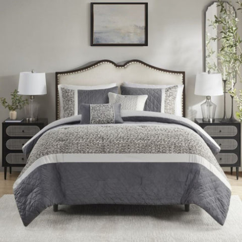 ZUN 5 Piece Textured Jacquard Stripe Comforter Set with Throw Pillows-King/Cal King B035P280387