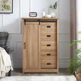 ZUN 5 Drawers Dresser w/Sliding Barn Door, Farmhouse Modern Tall Dresser 5 Chest of Drawers, Storage W2275P206614