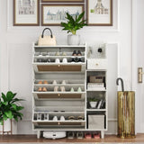 ZUN Natural Bohemia Style Shoe Cabinet, Shoe Rack Cabinet with 3 Rattan Flip Drawers,3 Square Shelves W2557P175977