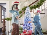 6FT Blue Gradient Flocked Pencil Christmas Tree with 200 Warm White LED Lights, 485 Tips, Hinged 23434285