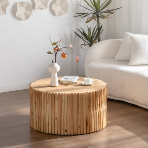 ZUN 31.5" Retro Fashion Style Cylindrical Coffee Table with Vertical Texture Relief Design,Suitable for W757P183279