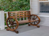Rustic 2-Person Wooden Wagon Wheel Bench with Slatted Seat and Backrest, Brown 92221888
