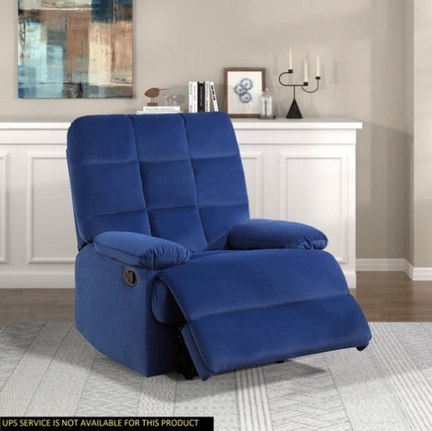 ZUN Reclining Chair Blue Velvet Upholstery Square Tufted Back Pillowtop Arms Solid Wood Furniture Modern B011P182493