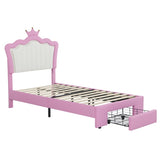 Twin Size Upholstered Bed Frame with LED Lights, Modern Upholstered Princess Bed with Crown W2770P190376