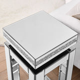 Mirrored End Table Square with Crystals Inlay, 2-Tier Modern Small Sofa Table with Storage, Silver W1005P249023