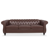 84.65" Dark Brown PU Rolled Arm Chesterfield Three Seater Sofa. W68035342