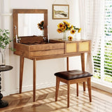 43.3" Classic Wood Makeup Vanity Set with Flip-top Mirror and Stool, Dressing Table with Three N704P165645
