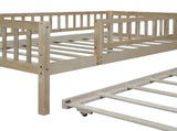 Twin Size Wood Daybed with Trundle and Fence Guardrails, Natural WF301862AAN