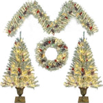 ZUN Pre-lit Xmas Tree Artificial Christmas 4-Piece Set,Garland, Wreath and Set of 2 Entrance Trees X-mas PX283311AAK