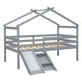 ZUN Twin Low Loft House Bed with Slide, Ladder, Safety Guardrails, House Roof Frame,Grey W504P145315