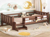Twin Size Floor Bed with Storage Bookcases, Solid Wood Kids Floor Bed with Cute Stairs and W1580P390215