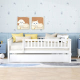 Full Size Wood Daybed with Trundle and Fence Guardrails, White WF301863AAK