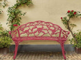 Outdoor Cast Aluminum Patio Bench, Porch Bench Chair with Curved Legs Rose Pattern, Red 57565215