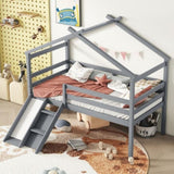 ZUN Twin Low Loft House Bed with Slide, Ladder, Safety Guardrails, House Roof Frame,Grey W504P145315