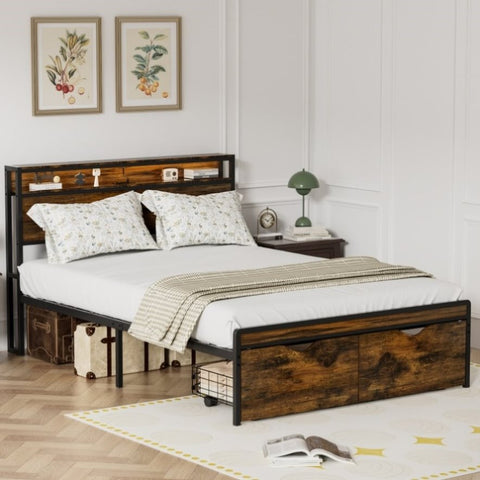 ZUN Queen Size Bed Frame with Storage Headboard and 2 Drawers, LED Lights Bed with Charging Station, W1903P150104