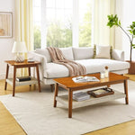 ZUN 47.25" Mid-Century Coffee Table with Woven Shelf, Boho Rattan Coffee Table with Storage, Farmhouse W1801P195652