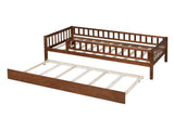 Twin Size Wood Daybed with Trundle and Fence Guardrails, Walnut WF301862AAL