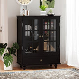 Minimalist Black Buffet Cabinet with Double Glass Doors and Drawer, Modern Wooden Storage Sideboard 26388624