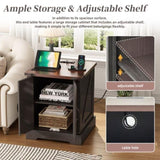 ON-TREND Farmhouse End Table with Charging Station, Rustic Wood Nightstand with Adjustable Shelf, N721P246478E