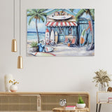 Blue Beach House Surfboard Coconut Tree Ocean Wall Art - Coastal Tropical Landscape Mural Print W3374P322225