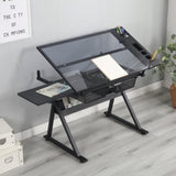 ZUN black adjustable tempered glass drafting printing table with chair 43921214
