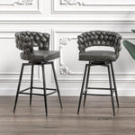 ZUN 28" Technical Leather Woven Bar Stool Set of 2,Black legs Barstools No Adjustable Kitchen Island 40400662