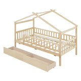 Twin Size Wooden House Bed with Two Drawers, Natural WF302181AAN