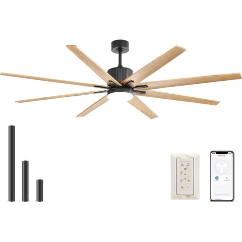 ZUN 76 Inch Ceiling Fan with Lights Remote Control 8 Solid Wood Blades with 18W Dimmable LED Light W934P150062