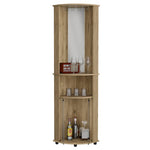 ZUN Chicago 75" H Mirrored Corner Bar Cabinet, With Glass Doors, Two Shelves and Stemware Macadamia B070P214553