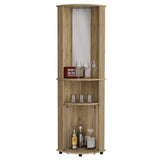 ZUN Chicago 75" H Mirrored Corner Bar Cabinet, With Glass Doors, Two Shelves and Stemware Macadamia B070P214553