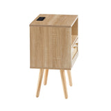 ZUN 15.75" Rattan End table with Power Outlet & USB Ports , Modern nightstand with drawer and solid wood W126573116