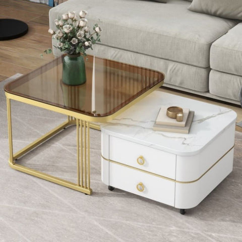 ZUN ON-TREND 2-in-1 Square Nesting Coffee Table with Wheels & Drawers, Stackable Side Table with High WF324359AAK