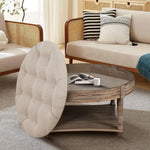 ZUN Large Round Waterproof Ottoman Coffee Table 2 Tier Oversized Button Tufted Ottoman with Wooden Shelf W1445P175897