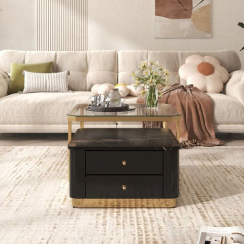 ZUN Modern 2 Pieces Black Square Nesting Coffee Table with Drawers & Electroplated gold legs in 27.6'' 91573413