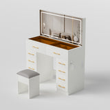 46"Glass Top Vanity Desk with 10 Drawers Makeup Vanity with Mirror and Stool,3 Lighting Modes W2887P311841