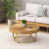 Modern round coffee table Wooden carving pattern coffee table with metal legs for living room W757P186929