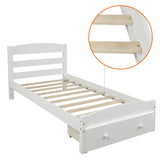 ZUN Platform Twin Bed Frame with Storage Drawer and Wood Slat Support No Box Spring Needed, White 60249448