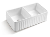 ZUN Ceramic White 33*18*10" Kitchen Double Basin Farmhouse Sink Rectangular Vessel Sink JY3318A