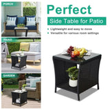 Outdoor Patio Wicker Side Table, Square End Table Bistro Coffee Table with Glass Top Storage Shelf 22548408