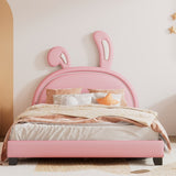 Full Size Upholstered Leather Platform Bed with Rabbit Ornament, Pink WF299139AAH