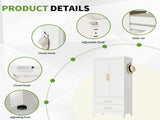 White Metal Wardrobe Closet with 2 Doors and Drawers, 71 Tall Storage Cabinet for Bedroom, T2398P480393