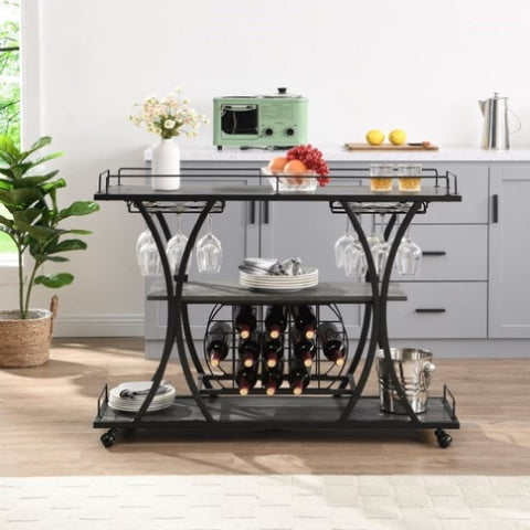 ZUN Industrial Bar Cart Kitchen Bar&Serving Cart for Home with Wheels 3 -Tier Storage Shelves W82151001