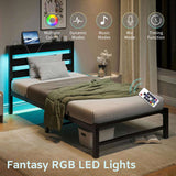 Twin Size Bed Frame Heavy Duty Platform Bed Frame with Headboard, USB Charging Station, LED Bed, No W840P209905