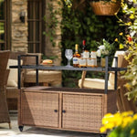 ZUN Outdoor Bar Cart Table, Large Wicker Island Rolling Cart, Wheeled Buffet Serving Cart with Glass Top 04069114