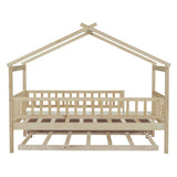 Twin Size Wooden House Bed with Twin Size Trundle, Natural WF302178AAN