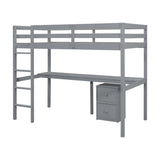 Twin Loft Wood Bed with Under-bed, Built-in Desk, a Storage Cabinet of 2 Drawers, Guardrails, W504P193786